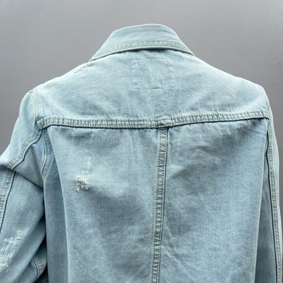 Thread & Supply Light Wash Denim Trucker Jacket Distressed Frayed Hem Womens S - Picture 10 of 11